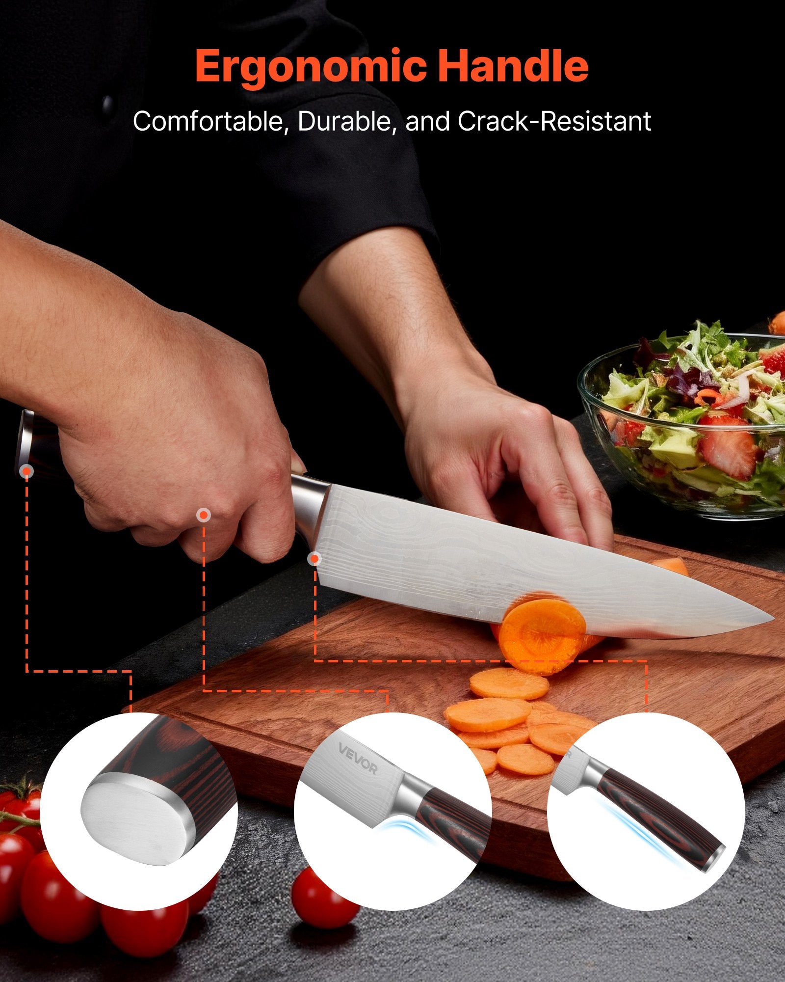 Kitchen Knife Set With Block And Sharpener, 15 Piece High Carbon Stainless Steel Knife Set, Rust-Resistant Kitchen Cutlery With Ergonomic Handle, Sharpening Rod & Premium Wooden Block, For Home