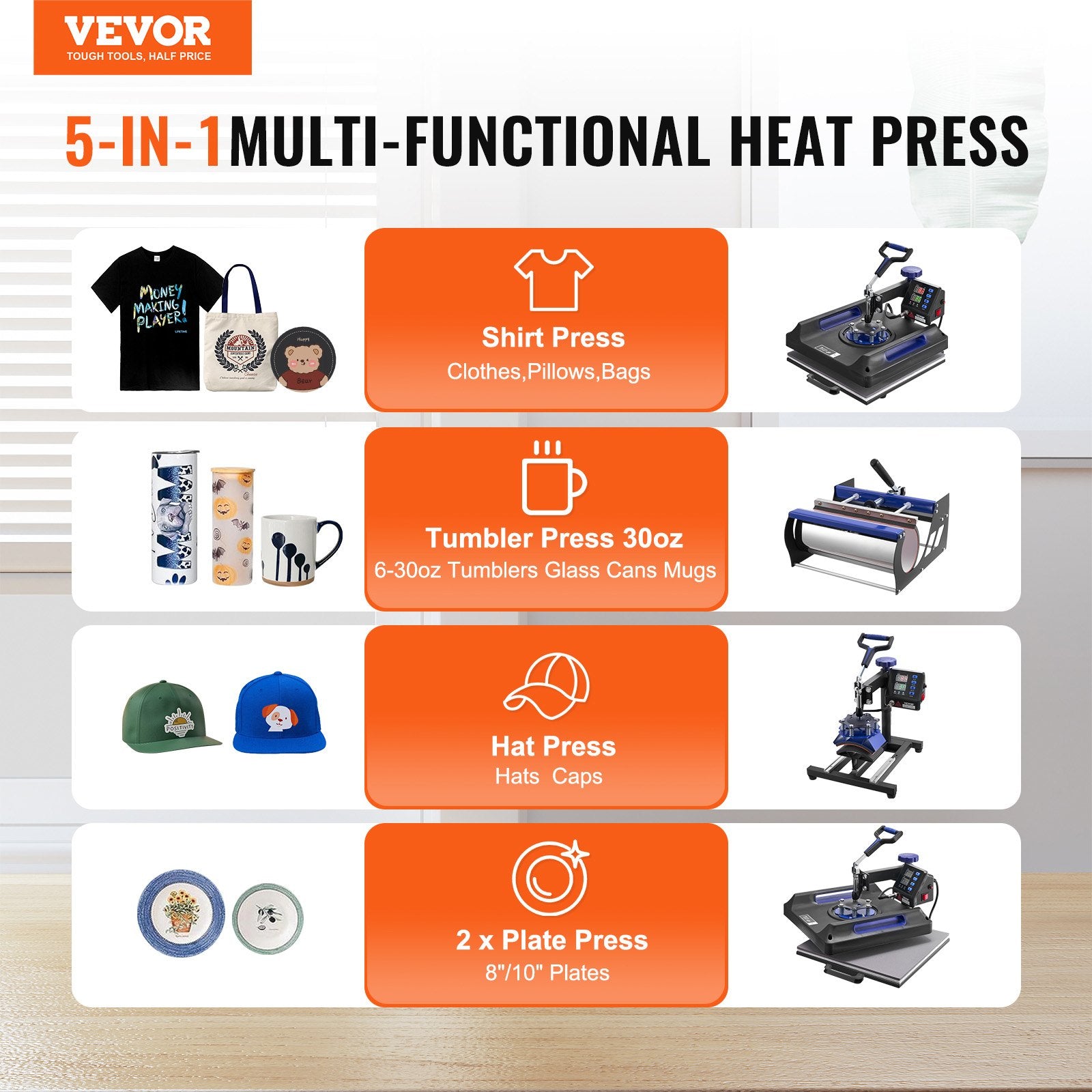 Heat Press Machine, 15 X 15 Inch, 5 In 1 Heat Transfer Machine With 30 Oz Tumbler Press, 360° Swing Away Digital T-Shirt Pressing, Teflon Coating, For T-Shirts/Mugs/Hats/Plates, Black+Blue
