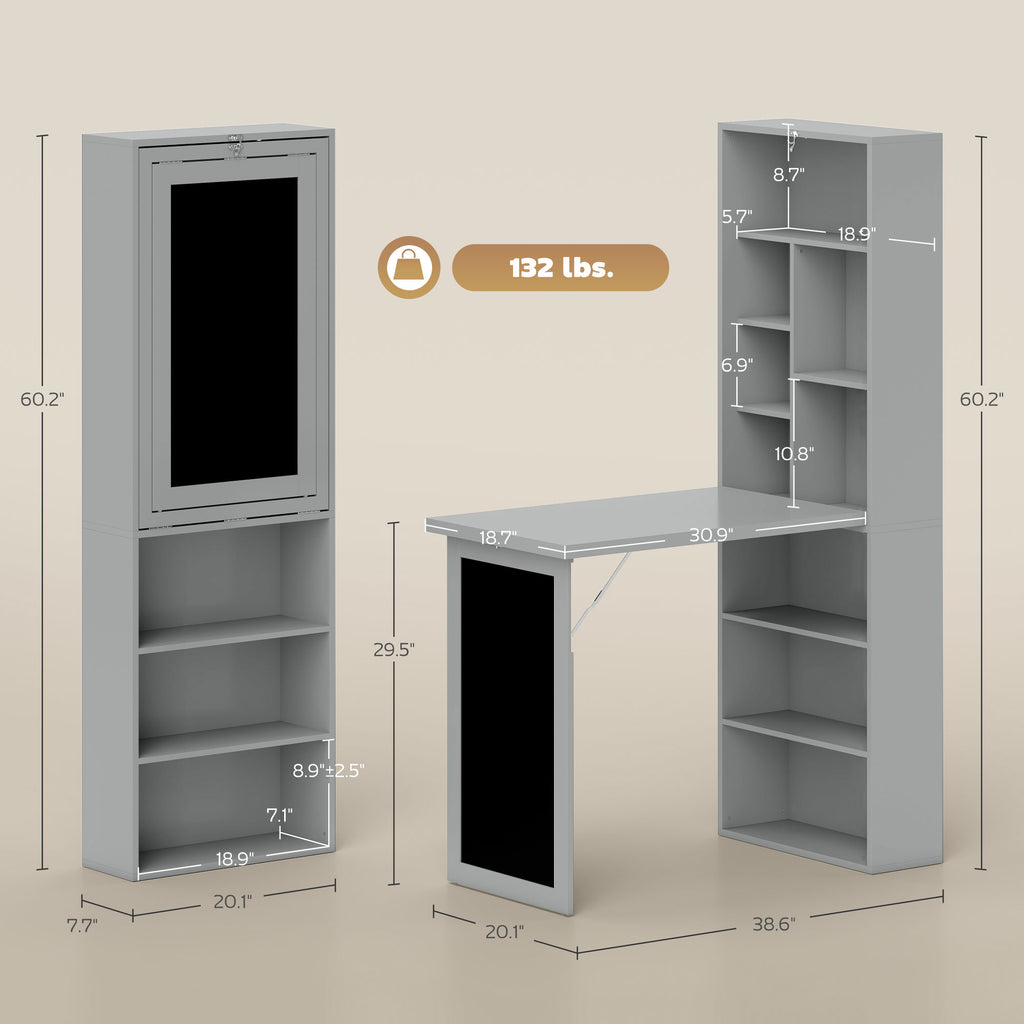 Fold-out Convertible Office Desk, Wall Mount Computer Desk With Blackboard And Side Shelf, Charcoal Gray