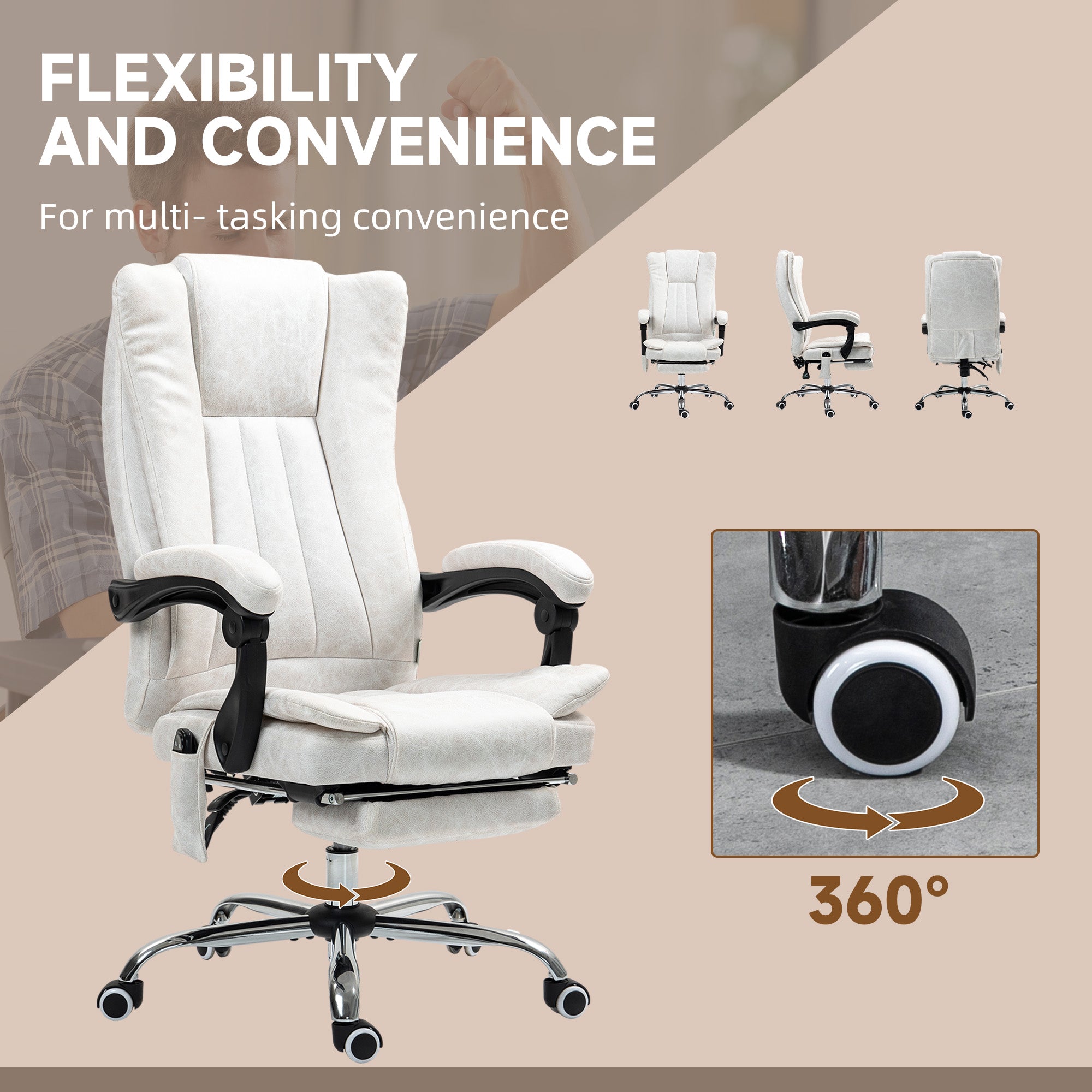 Massage Office Chair with 6 Points and Heat, Reclining Computer Chair with Adjustable Height and Footrest, White