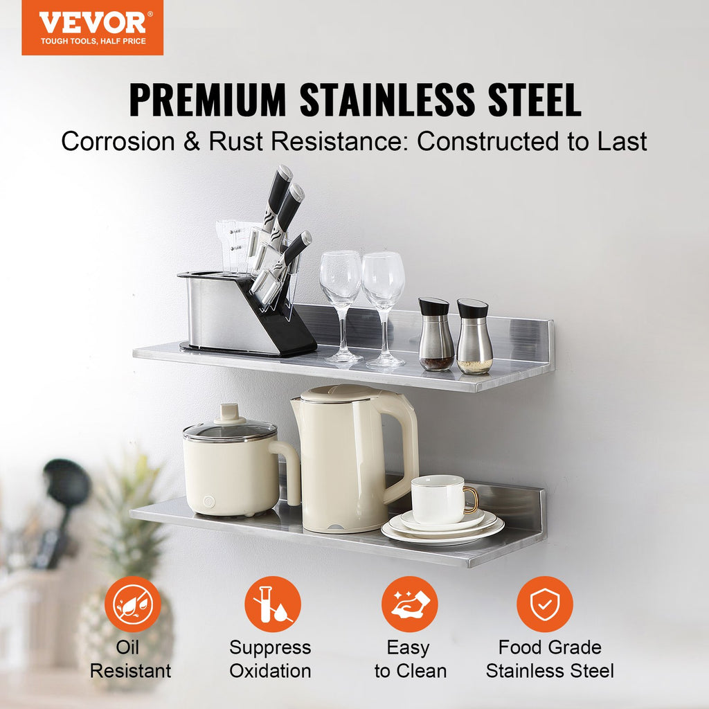 8.6" X 30" Stainless Steel Shelf, Wall Mounted Floating Shelving With Backsplash, 44 Lbs Load Capacity Commercial Shelves, Heavy Duty Storage Rack For Restaurant, Kitchen, Bar, Home, And Hotel