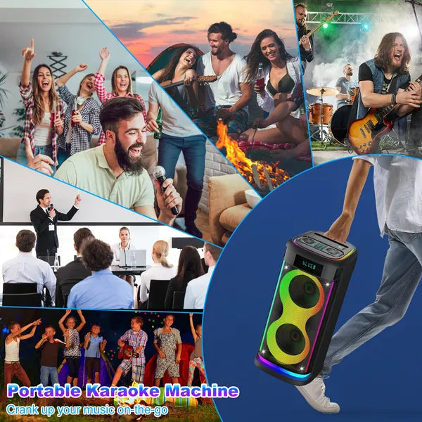 Portable Wireless Party Speaker With LED Light Wireless Mic Remote Control TWS Treble Bass Mic. Echo Music Accompany Mic. Priority Guitar In