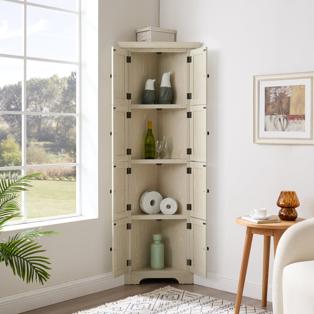 4-Tier 72 Corner Kitchen Pantry Storage Cabinet With 8 Doors Tall Storage Cabinet, Corner Cabinet And Shelves, Home Farmhouse Bookshelf Cabinet For Bathroom, Living Room, Kitchen WHI
