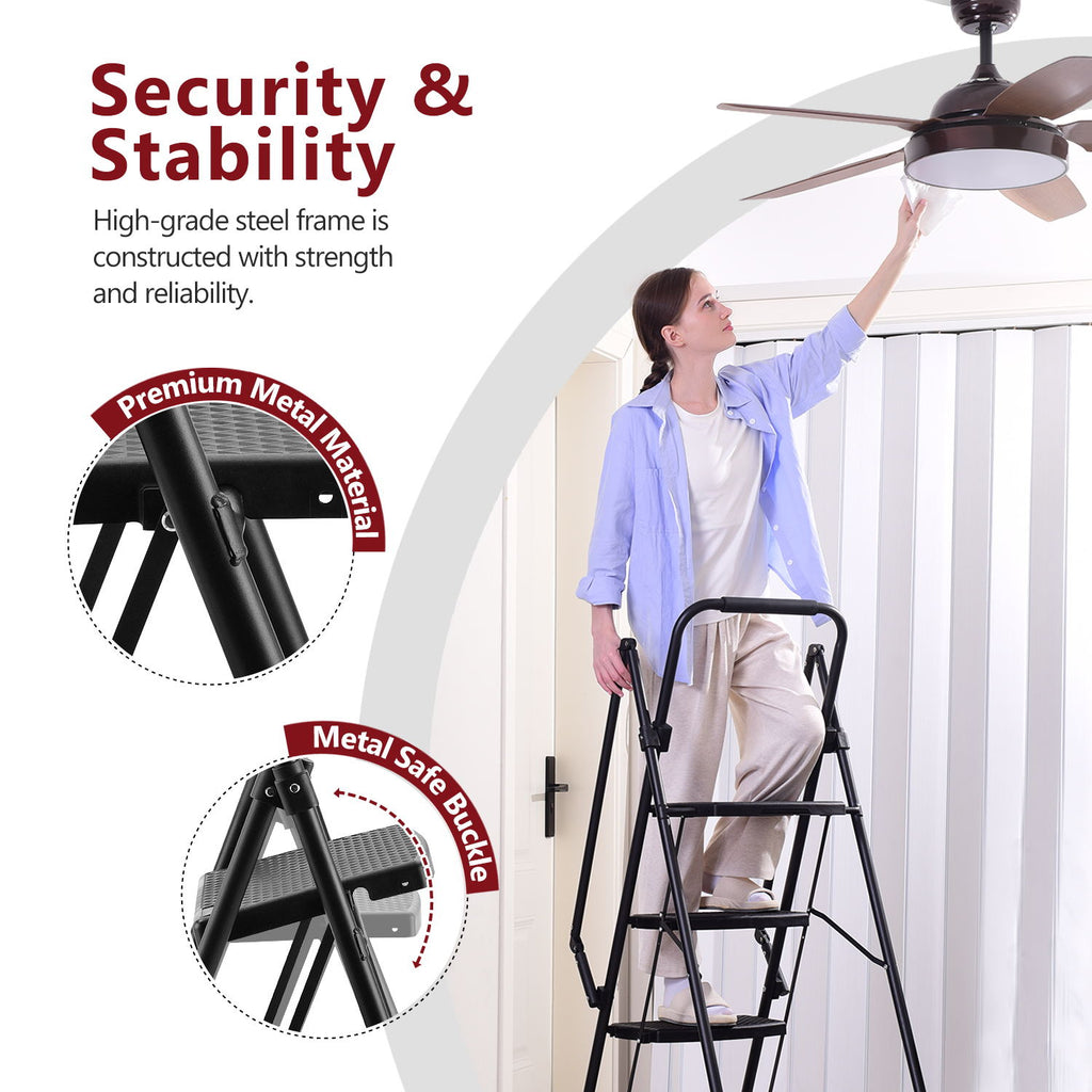 Four Step Ladder, Lightweight Folding Four Step Stool, Wide Anti Slip Pedal And Safety Handle, Sturdy Steel Ladder, Multi-purpose Step Ladder, Suitable For Home, Kitchen, And Office Elevators