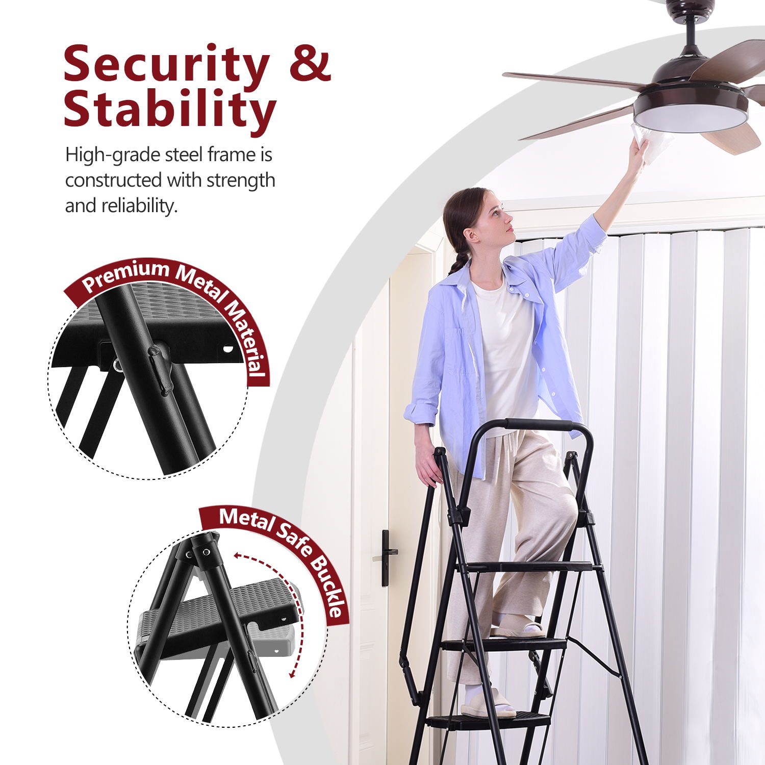 Four Step Ladder, Lightweight Folding Four Step Stool, Wide Anti Slip Pedal And Safety Handle, Sturdy Steel Ladder, Multi-purpose Step Ladder, Suitable For Home, Kitchen, And Office Elevators