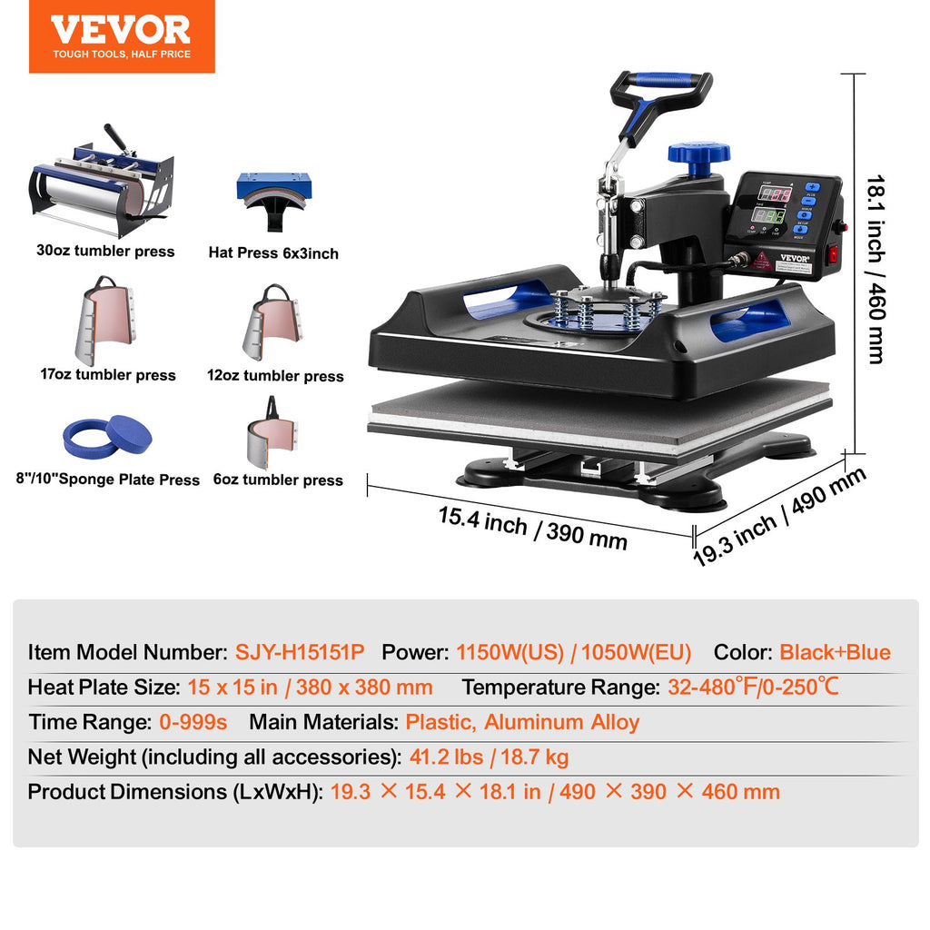 8 In 1 Heat Press Machine 15x15 In 30oz Tumbler Press T-Shirts Black Blue