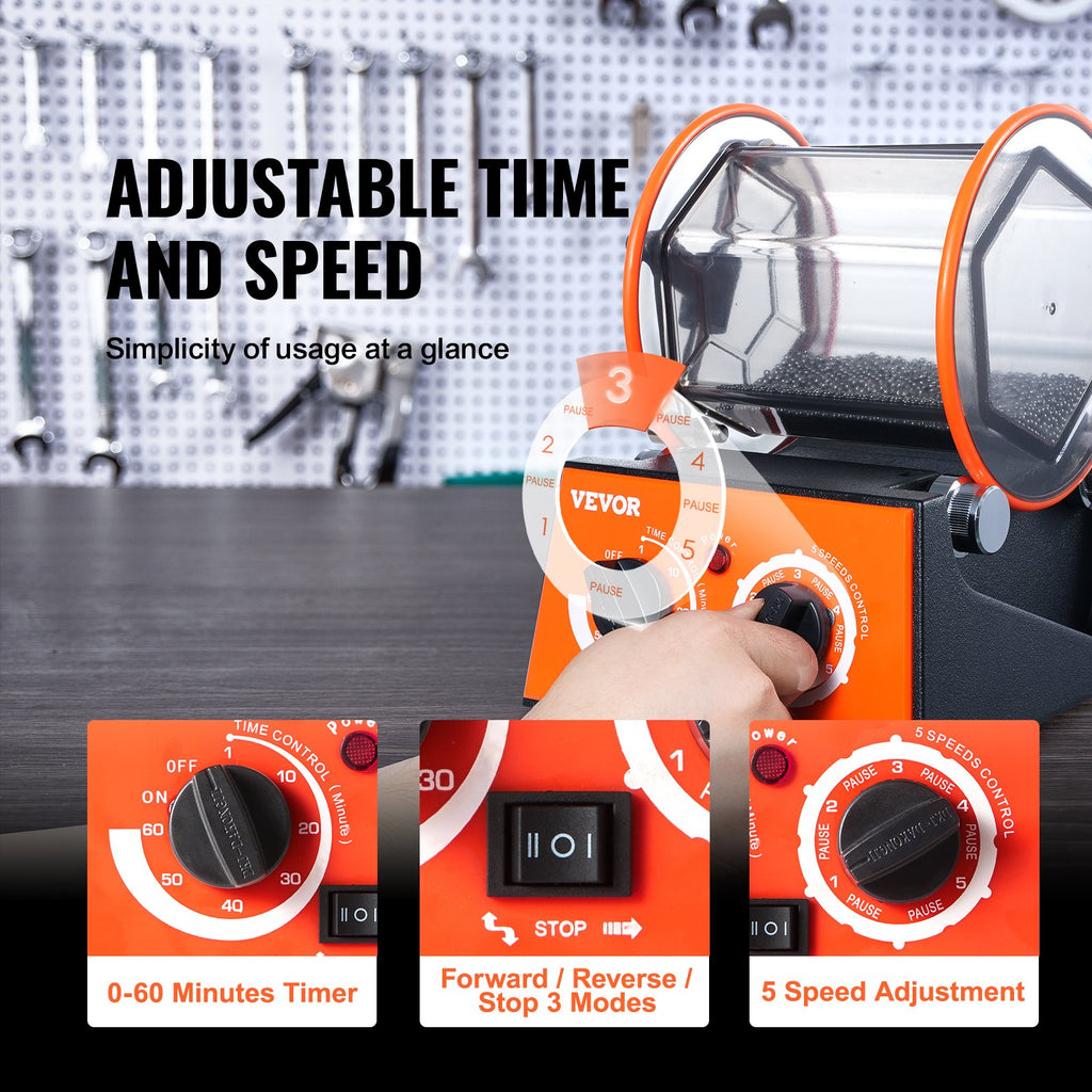 Jewelry Polisher Tumbler, 6.6lbs/3kg Capacity Mini Rotary Tumbler Machine With 0-60 Minutes Timer, 5 Speeds Jewelry Rotary Finisher For Surface Polishing Grinding Buffing Gemstones Jewels Coins