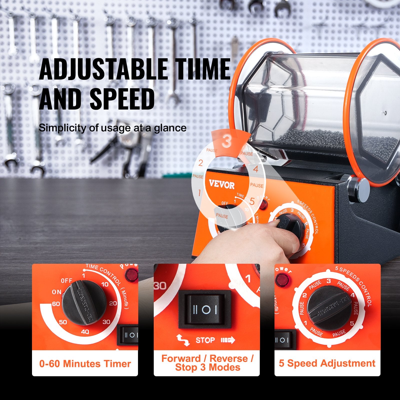 Jewelry Polisher Tumbler, 6.6lbs/3kg Capacity Mini Rotary Tumbler Machine With 0-60 Minutes Timer, 5 Speeds Jewelry Rotary Finisher For Surface Polishing Grinding Buffing Gemstones Jewels Coins