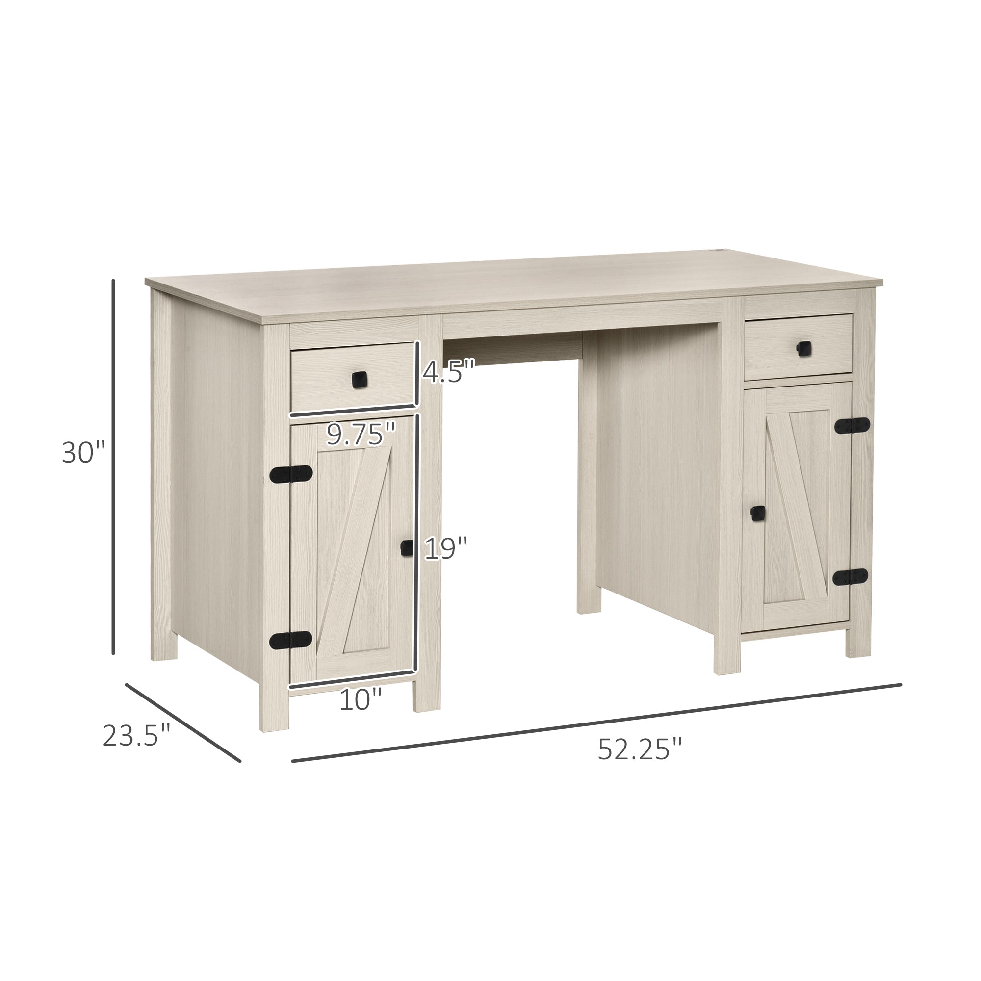 Farmhouse Computer Desk With Storage, Home Office Desk With 2 Drawers And 2 Cabinets, Cream White