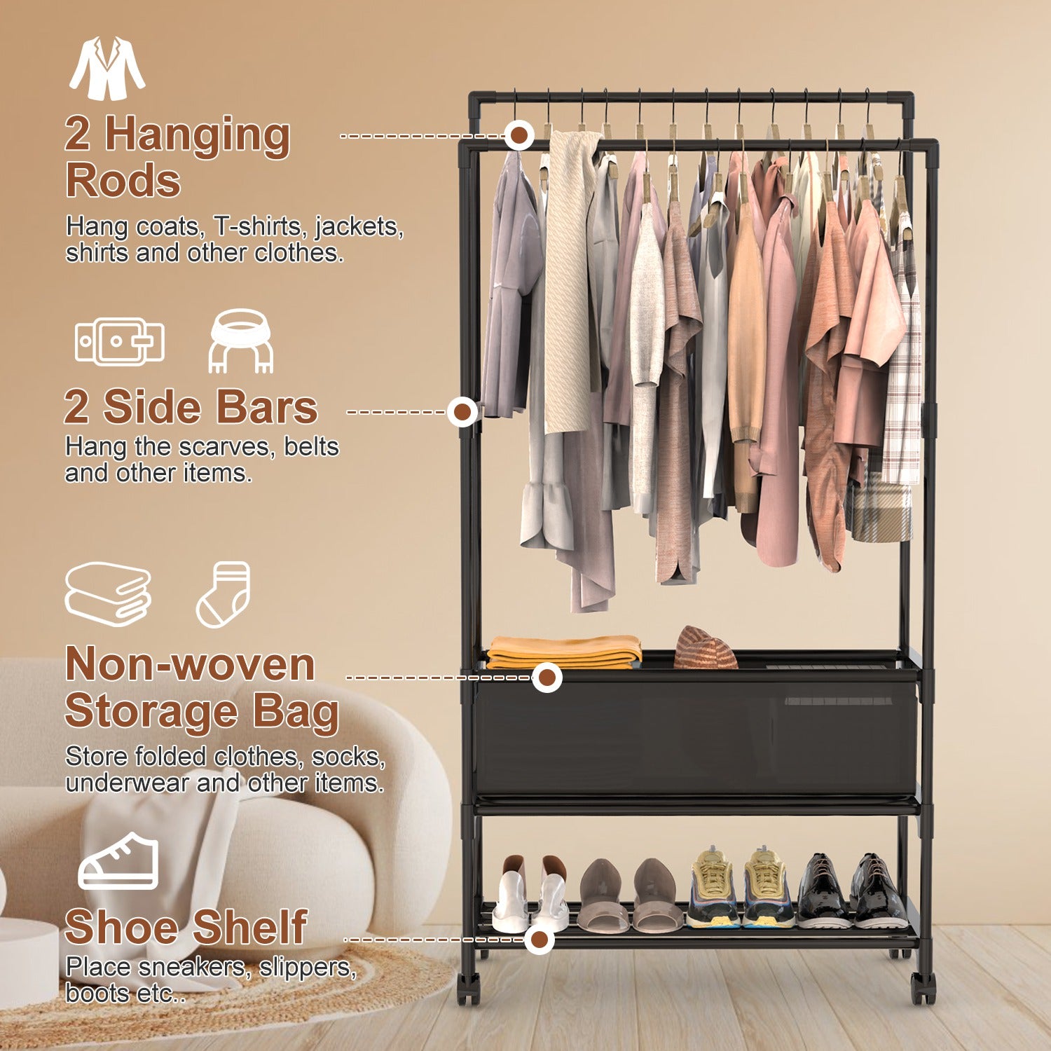 1Pc Double Rods Garment Rack With Storage Bag Portable Clothing Rack With Shelves Lockable Wheels Small Portable Closet Storage Bag Height Adjustable