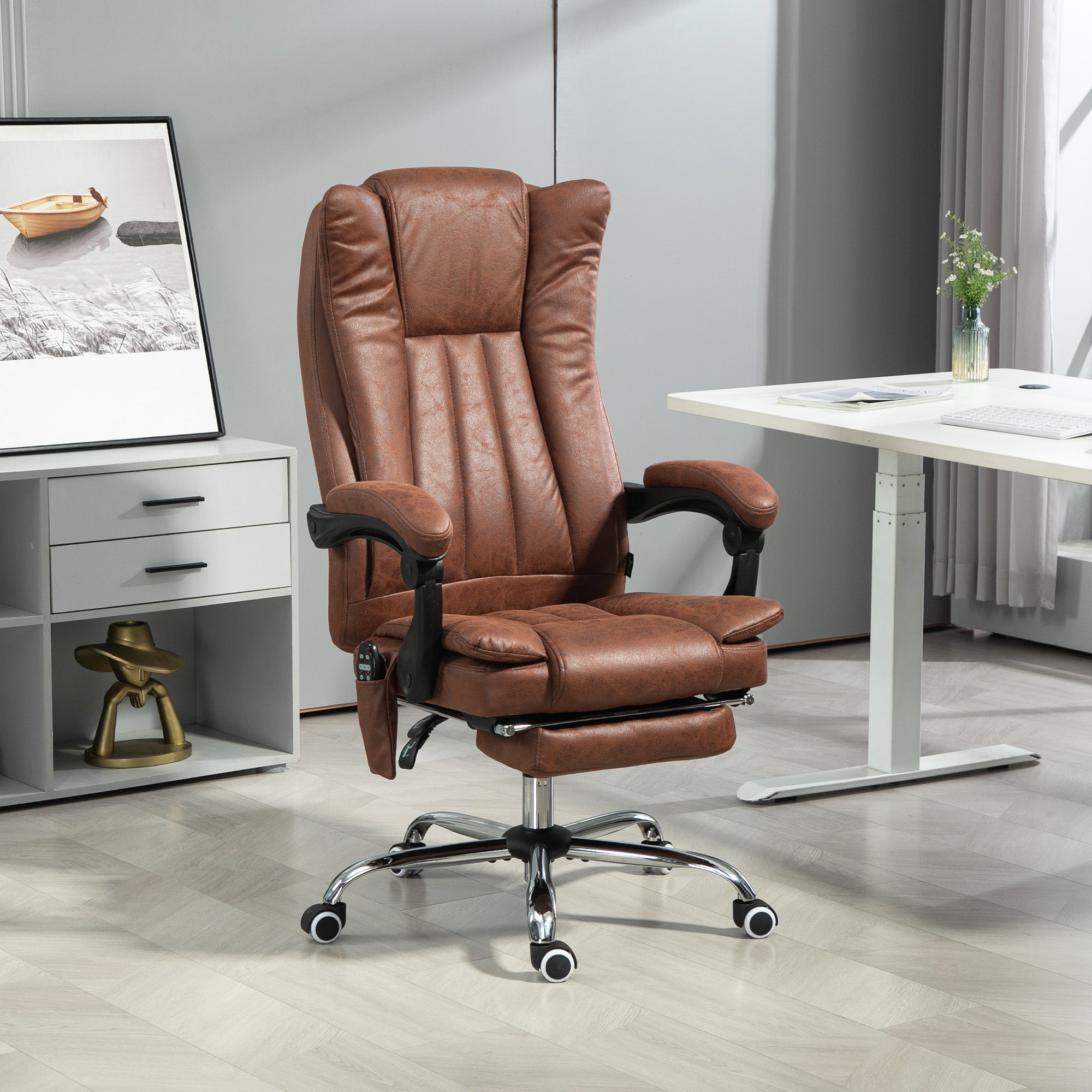 Massage Office Chair with 6 Points and Heat, Reclining Computer Chair with Adjustable Height and Footrest, Brown