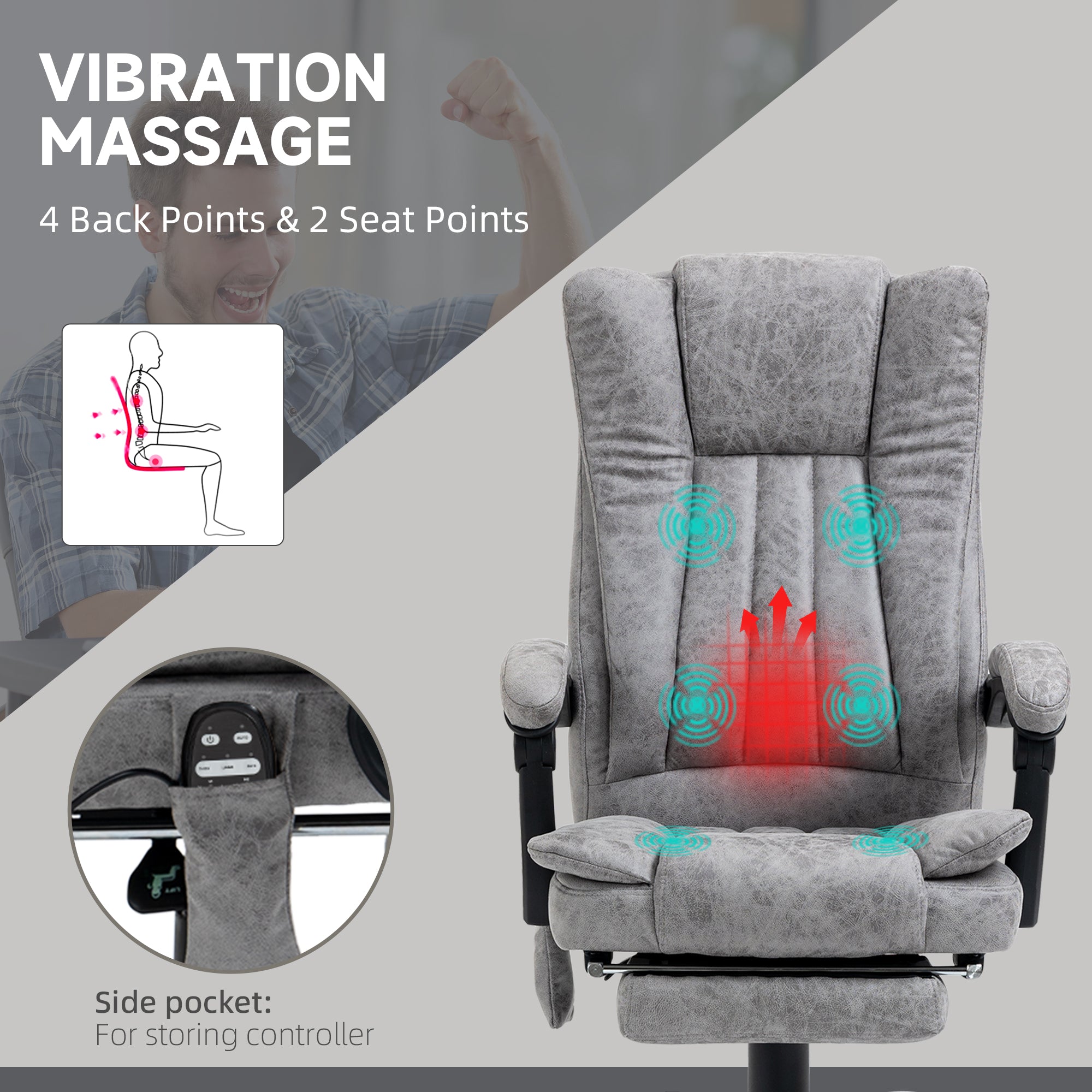 Massage Office Chair with 6 Points and Heat, Reclining Computer Chair with Adjustable Height and Footrest, Gray