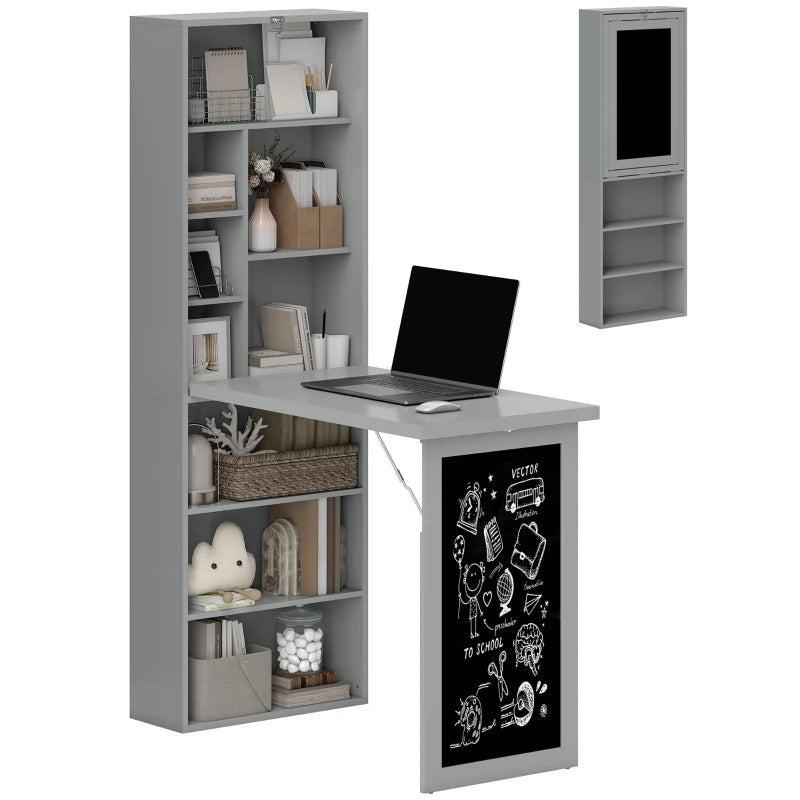 Fold-out Convertible Office Desk, Wall Mount Computer Desk With Blackboard And Side Shelf, Charcoal Gray