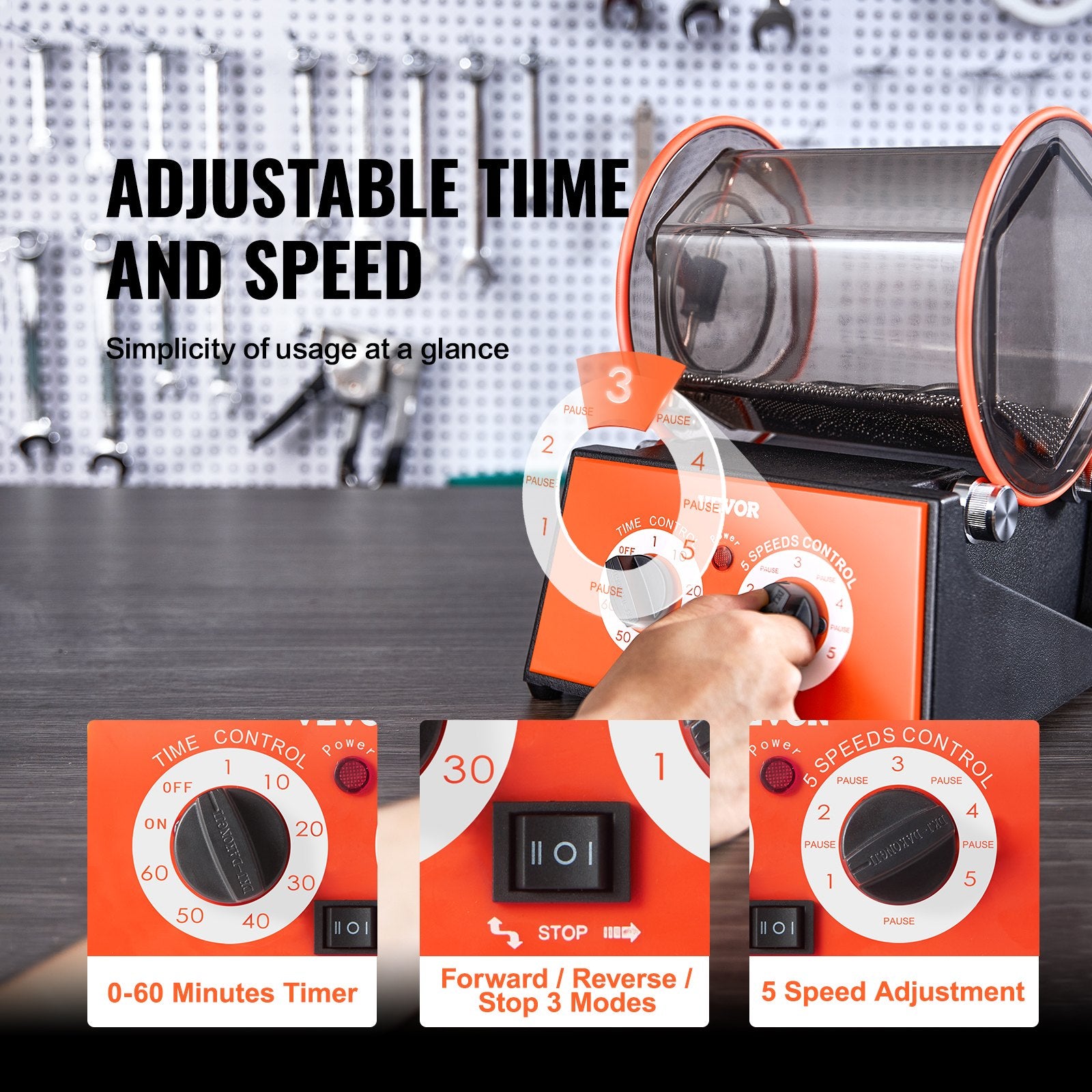 Jewelry Polisher Tumbler, 11lbs/5kg Capacity Mini Rotary Tumbler Machine With 0-60 Minutes Timer, 5 Speeds Jewelry Rotary Finisher For Surface Polishing Grinding Buffing Gemstones Jewels Coins