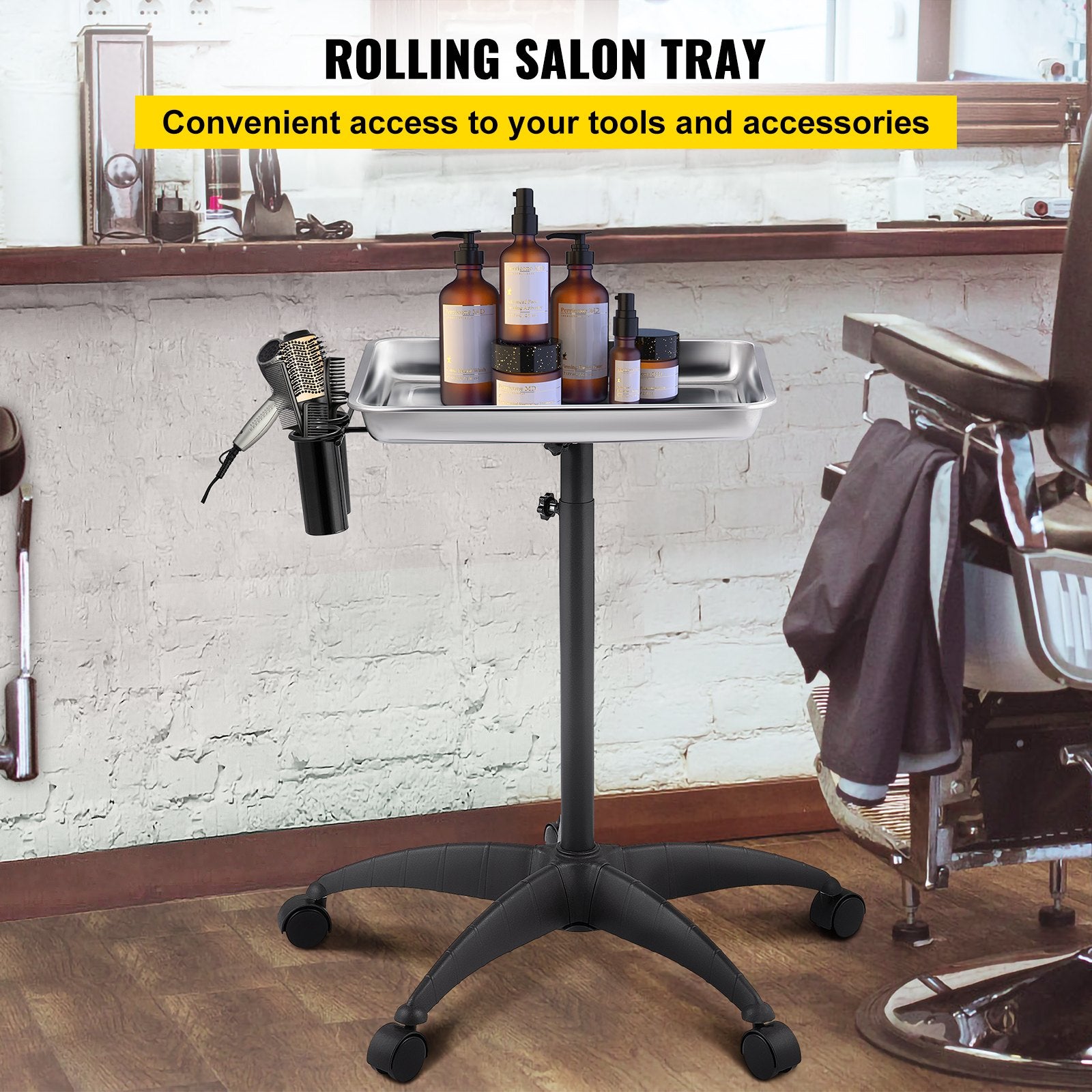 Mayo Stand Medical Tray, Height Adjustable Stainless Steel Salon Tray Easy Assemble Tattoo Cart Lab Tray With 2 Cups & 1 Metal Ring For SPA Clinic Personal Care Lab Hospital Dentistry, Silver