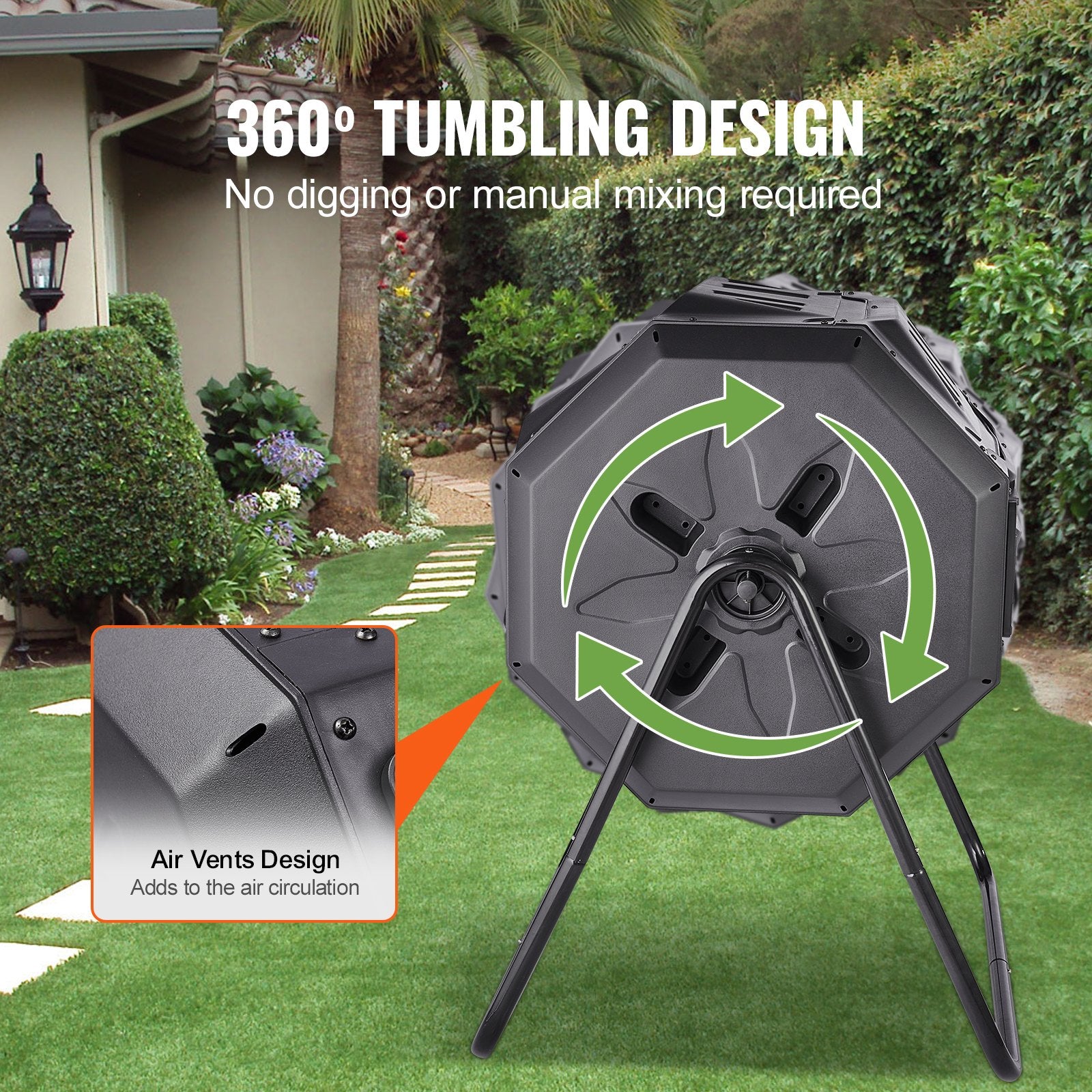 Compost Bin, 43-Gal Dual Chamber Composting Tumbler, Large Tumbling Rotating Composter With 2 Sliding Doors And Steel Frame, BPA Free Composter Bin Tumbler For Garden, Kitchen, Yard, Outdoor