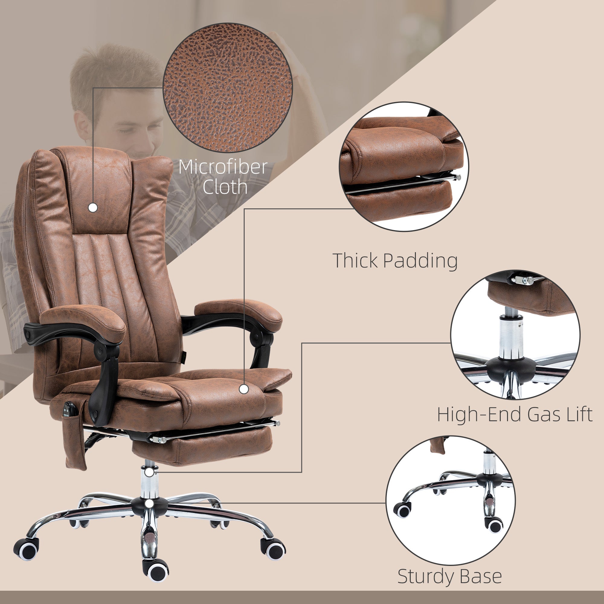 Massage Office Chair with 6 Points and Heat, Reclining Computer Chair with Adjustable Height and Footrest, Brown